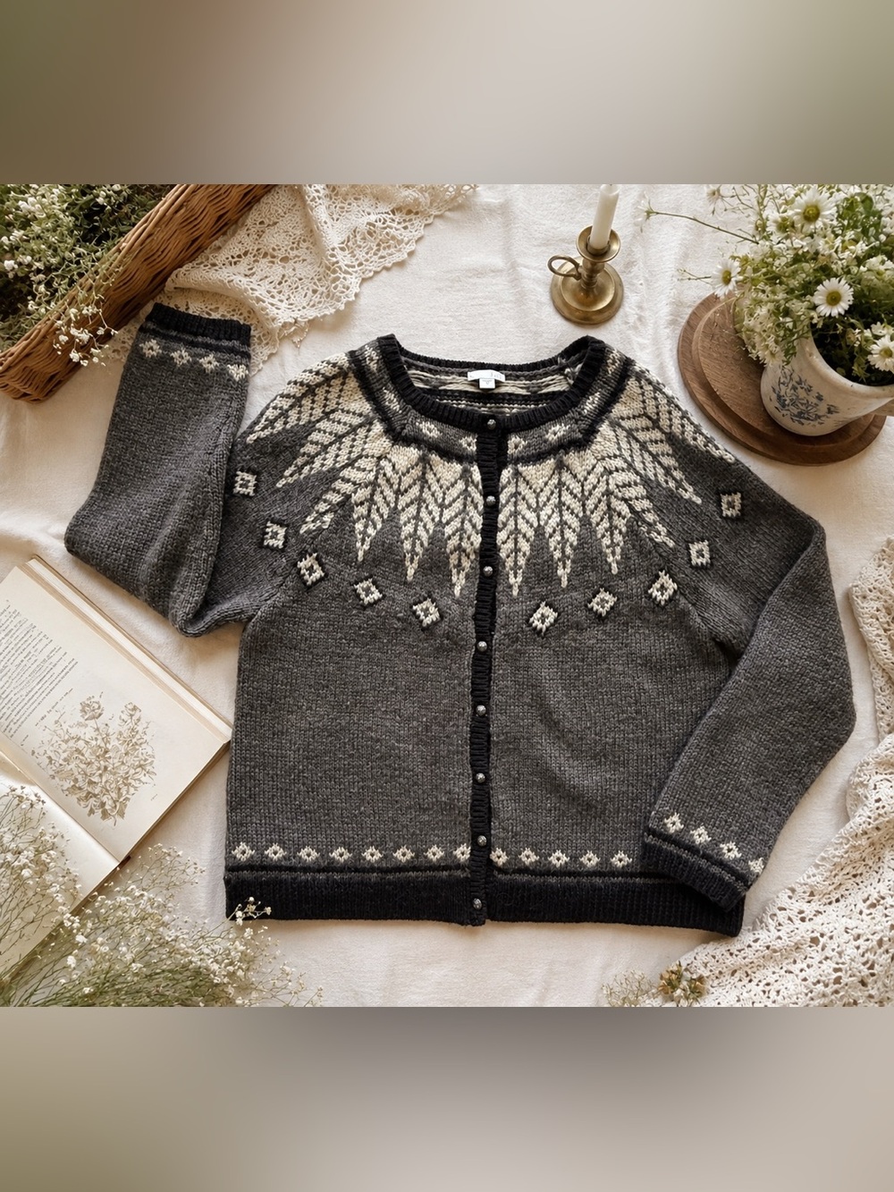 J. Jill Wool Blend Fair Isle Cardigan Sweater Gray Cream Nordic Size L